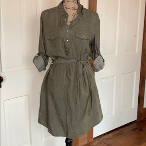 Boden Army Green pearl snap linen dress size 12